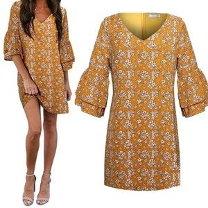 Belongsci Women’s Floral Fall Mustard Yellow Ruffle Bell Sleeve Shift Dress L